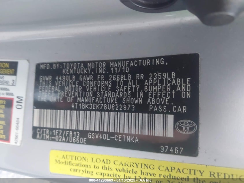 2011 TOYOTA CAMRY VIN: 4T1BK3EK7BU622973