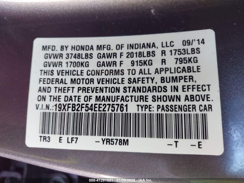 VIN 19XFB2F54EE275761 2014 Honda Civic, LX no.9