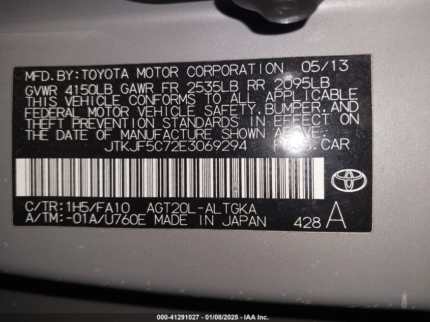 2014 Scion Tc VIN: JTKJF5C72E3069294 Lot: 41291027