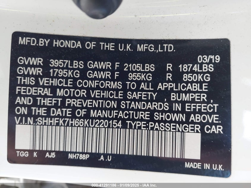 2019 HONDA CIVIC VIN: SHHFK7H66KU220154