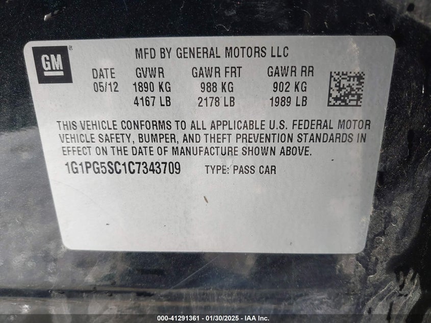 2012 CHEVROLET CRUZE VIN: 1G1PG5SC1C7343709