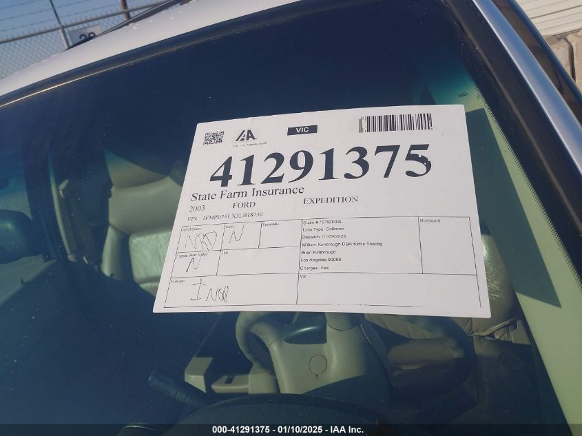 2003 Ford Expedition Xlt VIN: 1FMPU16LX3LB18730 Lot: 41291375