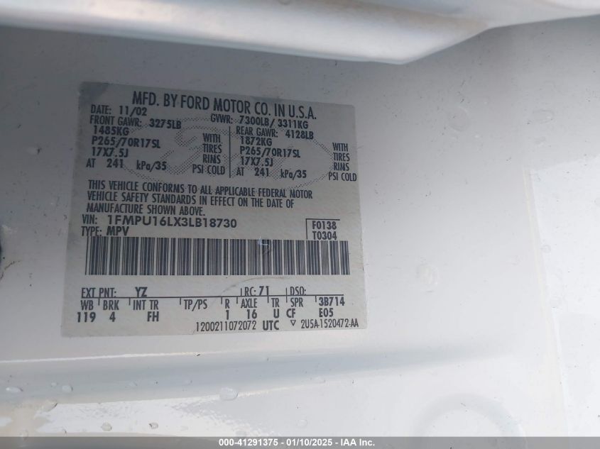 2003 Ford Expedition Xlt VIN: 1FMPU16LX3LB18730 Lot: 41291375