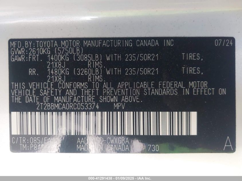 VIN 2T2BBMCA0RC053374 2024 LEXUS RX 350H no.9