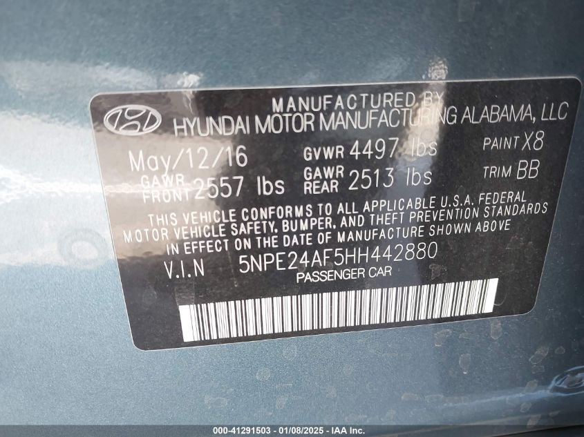 VIN 5NPE24AF5HH442880 2017 Hyundai Sonata, SE no.9