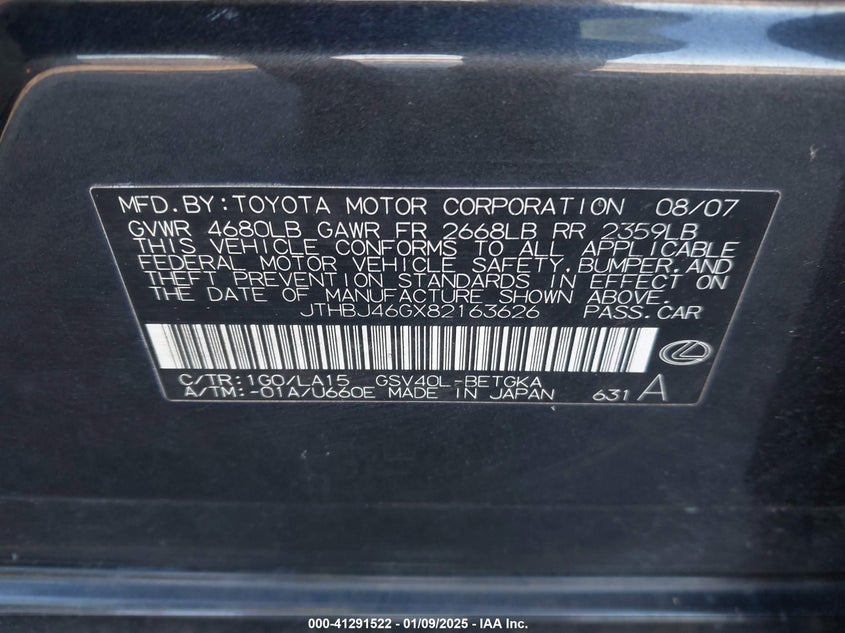 2008 LEXUS ES 350 VIN: JTHBJ46GX82163626