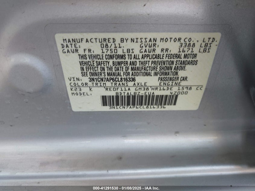 2012 NISSAN VERSA VIN: 3N1CN7AP6CL816336