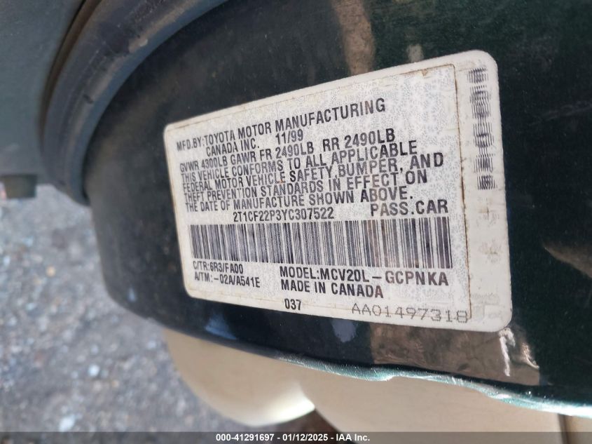 2000 Toyota Camry Solara Se V6 VIN: 2T1CF22P3YC307522 Lot: 41291697