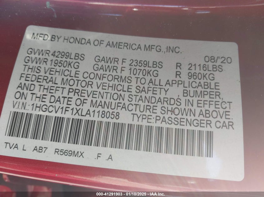 2020 HONDA ACCORD VIN: 1HGCV1F1XLA118058