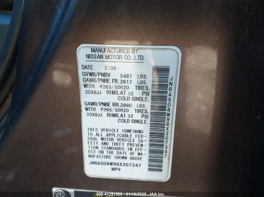 2006 Infiniti Fx35 VIN: JNRAS08W96X207347 Lot: 41291980