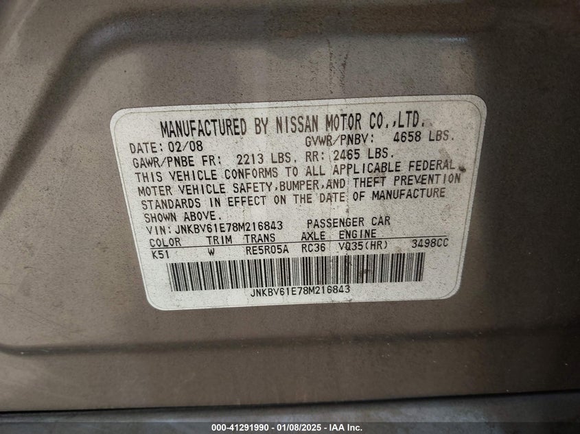 2008 INFINITI G35 VIN: JNKBV61E78M216843