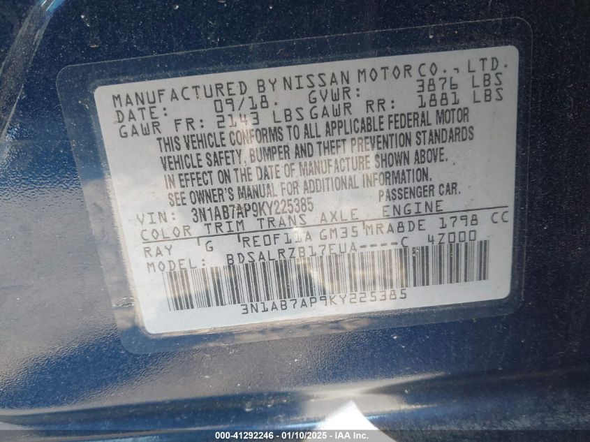 VIN 3N1AB7AP9KY225385 2019 Nissan Sentra, SR no.9