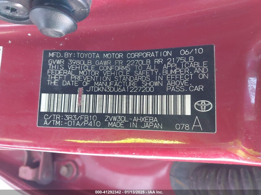 2010 TOYOTA PRIUS VIN: JTDKN3DU6A1227200