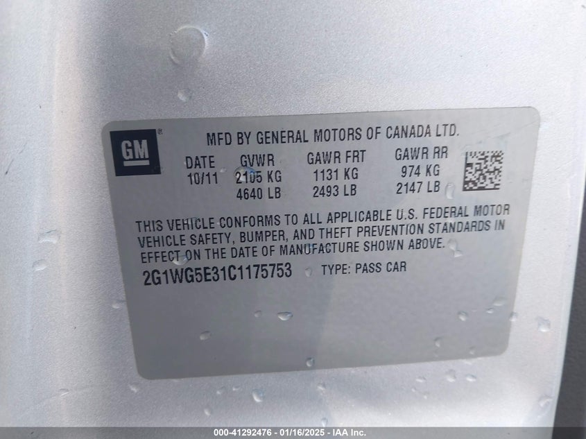 2012 CHEV IMPALA LT FLEET VIN: 2G1WG5E31C1175753