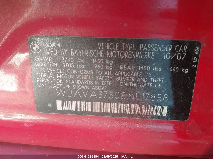 2008 BMW 328I VIN: WBAVA37508NL17858 Lot: 41292494
