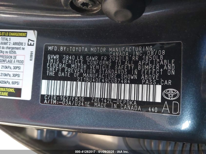 2009 Toyota Corolla Le VIN: 2T1BU40E49C087484 Lot: 41292517