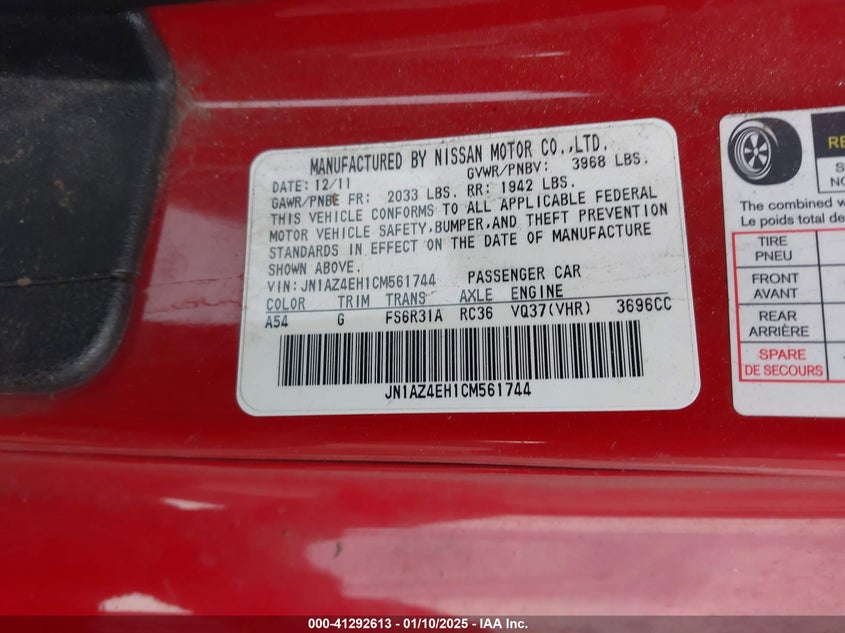 2012 NISSAN 370Z VIN: JN1AZ4EH1CM561744