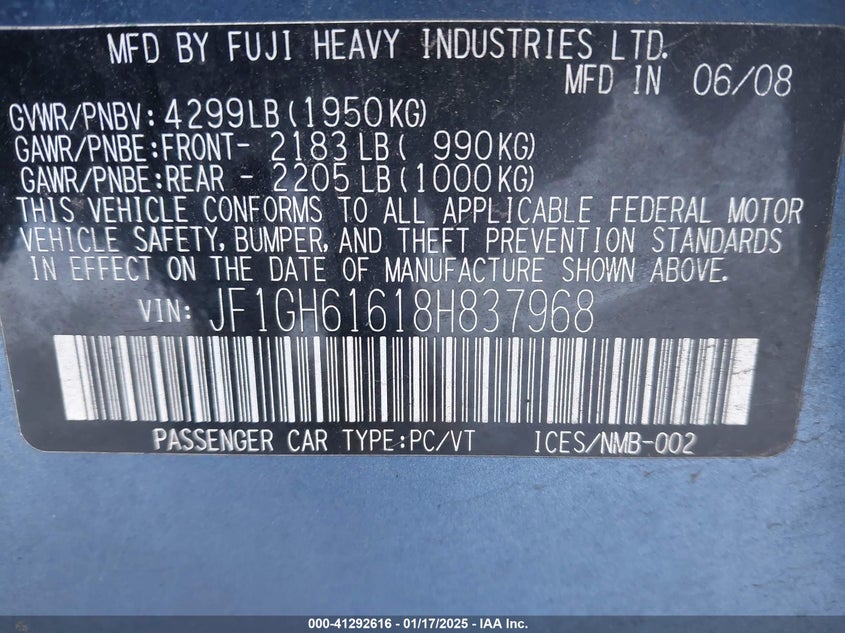 2008 SUBARU IMPREZA VIN: JF1GH61618H837968