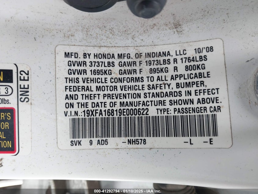 2009 HONDA CIVIC VIN: 19XFA16819E000622