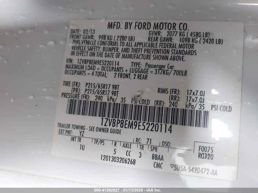 2014 FORD MUSTANG VIN: 1ZVBP8EM9E5220114