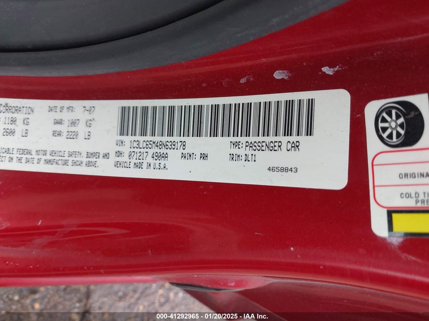 2008 CHRYSLER SEBRING VIN: 1C3LC65M48N639178