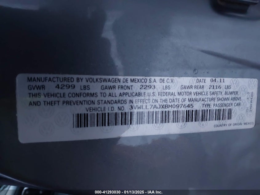2011 VOLKSWAGEN JETTA VIN: 3VWLL7AJXBM097645