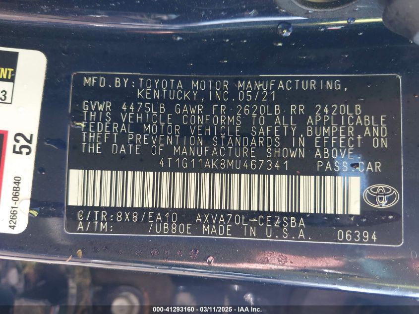 2021 Toyota Camry Se VIN: 4T1G11AK8MU467341 Lot: 41293160
