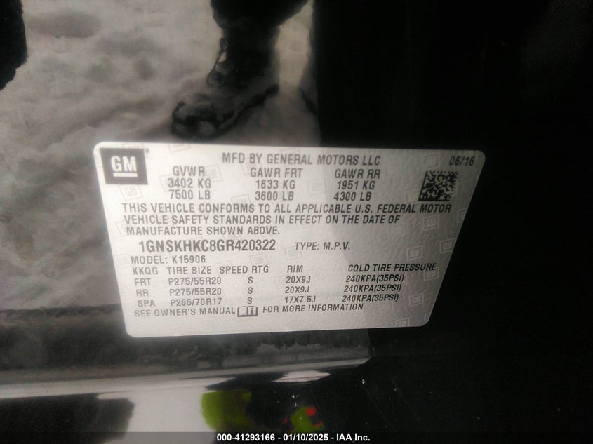 2016 CHEVROLET SUBURBAN VIN: 1GNSKHKC8GR420322