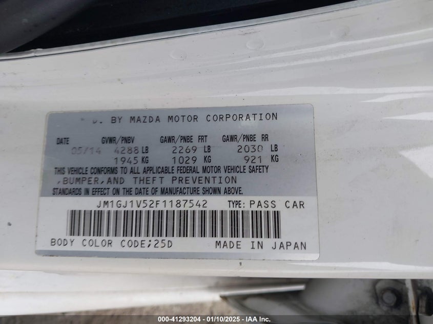 2015 MAZDA MAZDA6 VIN: JM1GJ1V52F1187542