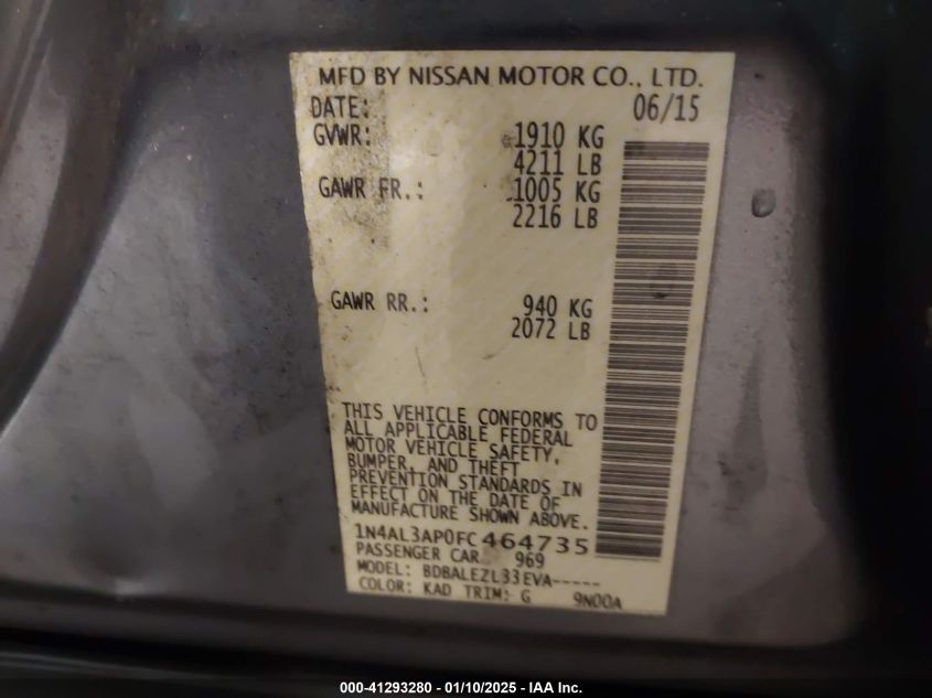 VIN 1N4AL3AP0FC464735 2015 Nissan Altima, 2.5/2.5 S... no.9