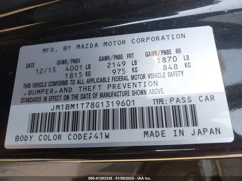 2016 MAZDA MAZDA3 VIN: JM1BM1T78G1319601