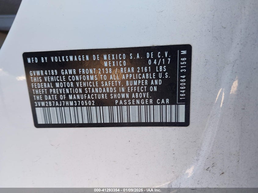 2017 VOLKSWAGEN JETTA VIN: 3VW2B7AJ7HM370502