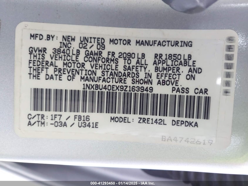 2009 TOYOTA COROLLA VIN: 1NXBU40EX9Z163949