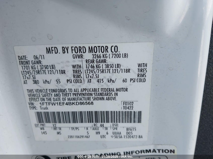 2011 FORD F-150 VIN: 1FTFW1EF4BKD86568