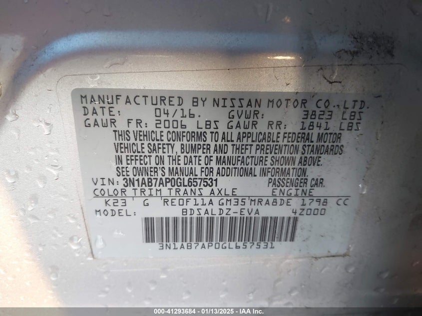 2016 NISSAN SENTRA VIN: 3N1AB7AP0GL657531