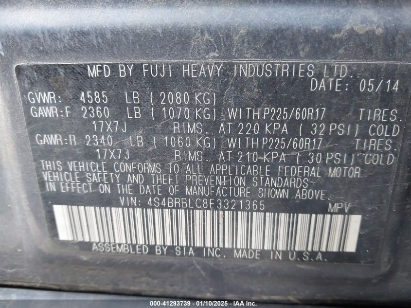 VIN 4S4BRBLC8E3321365 2014 Subaru Outback, 2.5I Lim... no.9