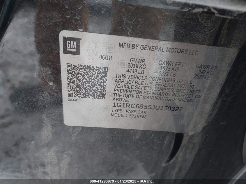 2018 CHEVROLET VOLT VIN: 1G1RC6S55JU150327