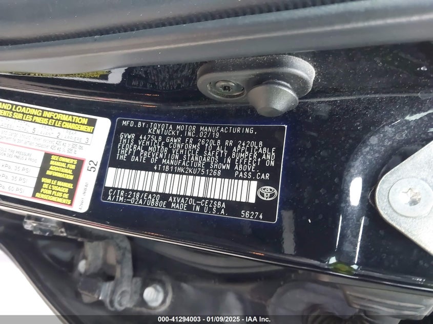 2019 TOYOTA CAMRY VIN: 4T1B11HK2KU751268