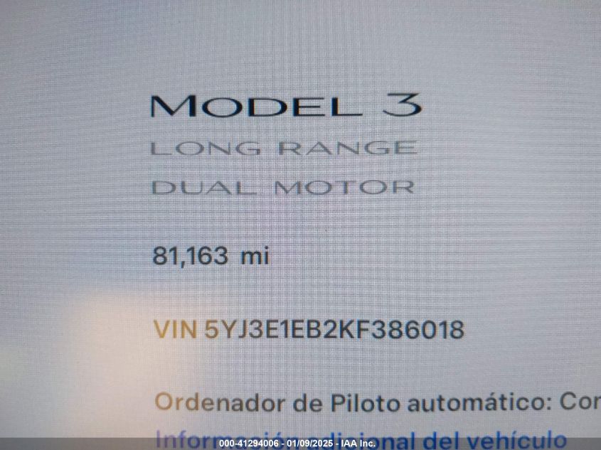 VIN 5YJ3E1EB2KF386018 2019 TESLA MODEL 3 no.15