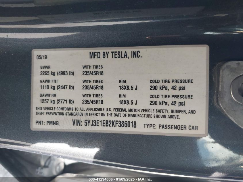 VIN 5YJ3E1EB2KF386018 2019 TESLA MODEL 3 no.9