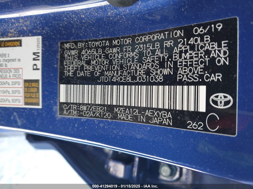 2020 TOYOTA COROLLA VIN: JTDT4RCE8LJ031038