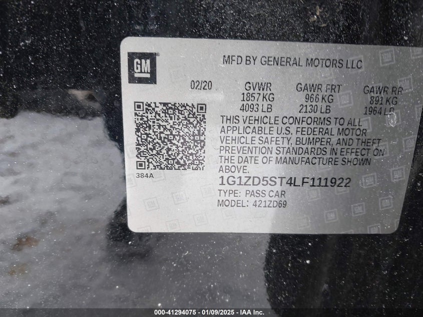 2020 CHEVROLET MALIBU VIN: 1G1ZD5ST4LF111922