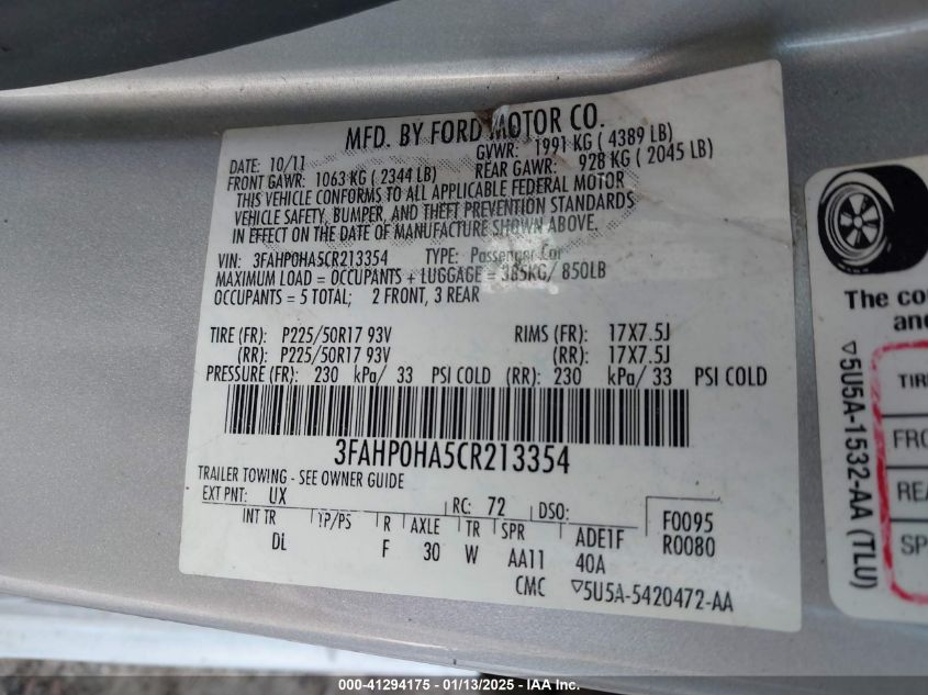 2012 Ford Fusion Se VIN: 3FAHP0HA5CR213354 Lot: 41294175