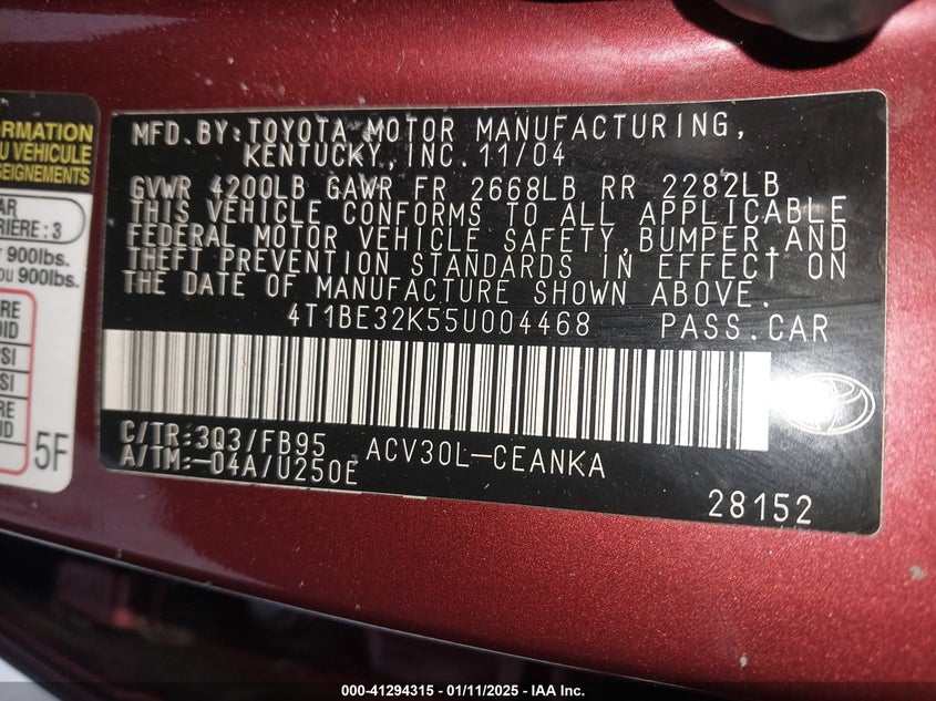 2005 Toyota Camry Le VIN: 4T1BE32K55U004468 Lot: 41294315