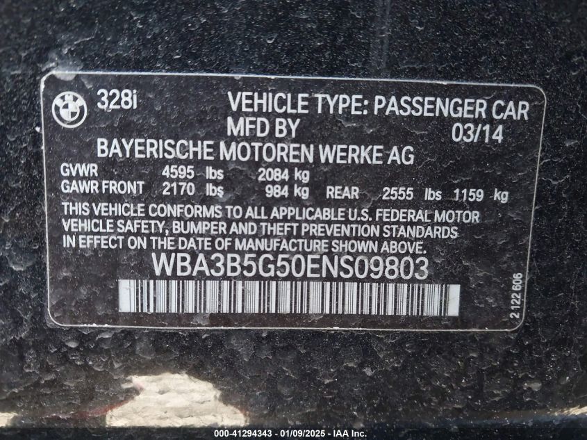 VIN WBA3B5G50ENS09803 2014 BMW 328I no.9