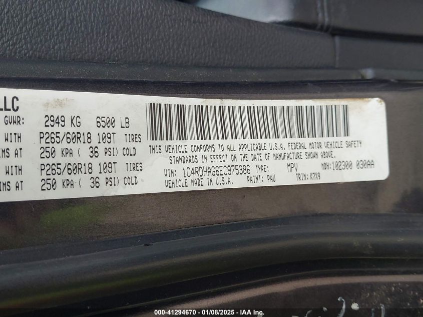 VIN 1C4RDHAG6EC975386 2014 DODGE DURANGO no.9