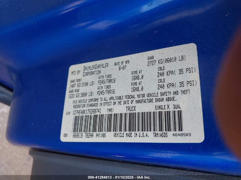 2007 Dodge Dakota Slt VIN: 1D7HE48K1752B8741 Lot: 41294813