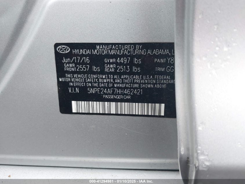 VIN 5NPE24AF7HH462421 2017 Hyundai Sonata no.9