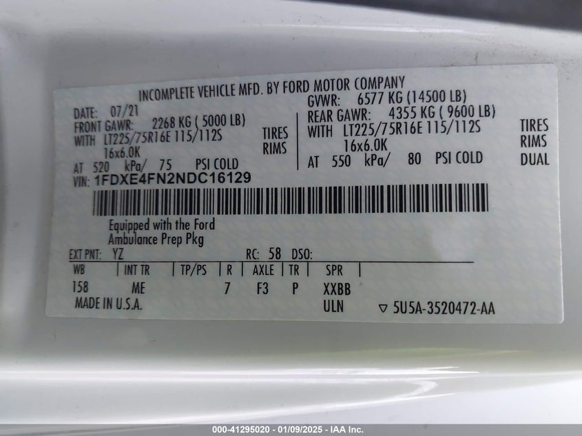 2022 FORD E-450 CUTAWAY(VIN: 1FDXE4FN2NDC16129