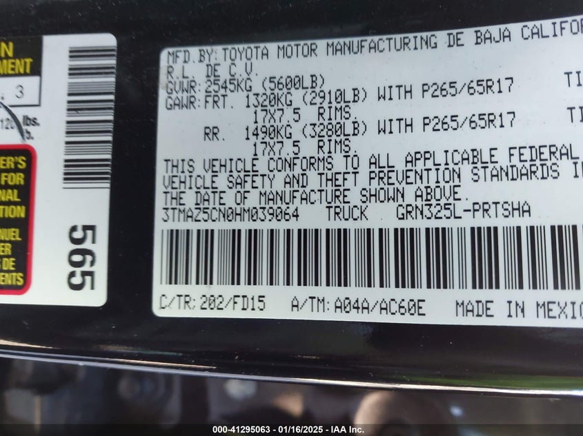 2017 TOYOTA TACOMA VIN: 3TMAZ5CN0HM039064